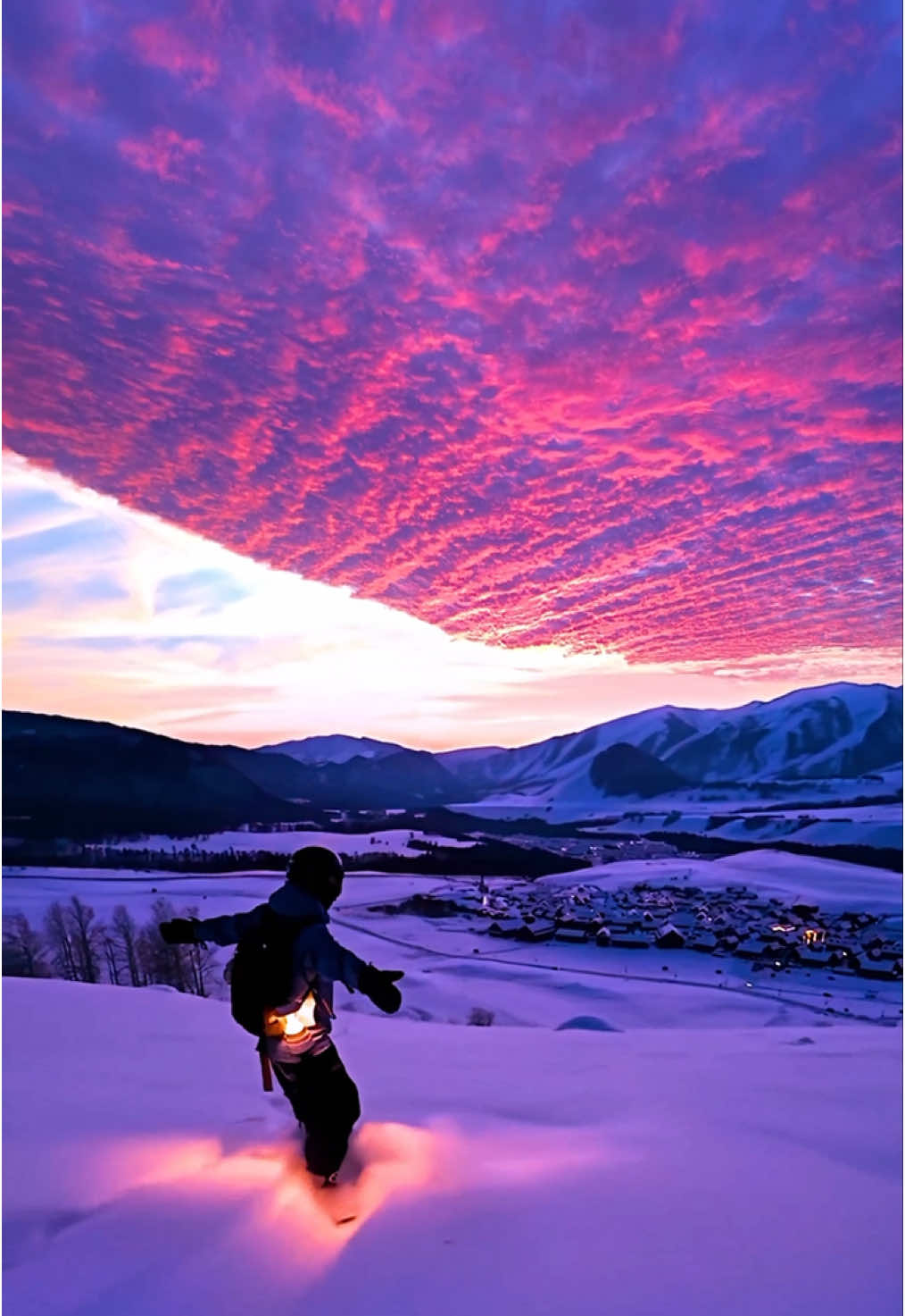 Purple sunset and skiing, double romance✨ #sunset #fyp 