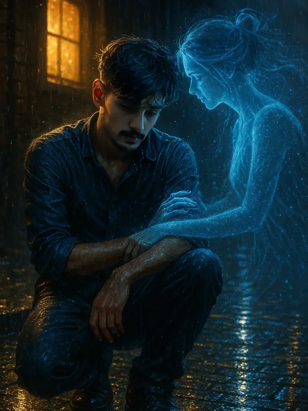 chatgpt prompt A young boy with realistic facial features, sitting on a rainy street at night, wearing a wet blue shirt and pants, looking down with a sad expression. A glowing blue translucent female spirit made of light and particles is gently touching his arm, appearing emotional and ethereal. Warm yellow light from a nearby window reflects softly. The street is wet and shiny from the rain. Hyper-realistic, cinematic lighting, highly detailed textures, ultra HD, 8K resolution, emotional atmosphere. #ai #chatgptprompt #Foryou #chatgbt #foryourpage #tiktok #aiphoto 