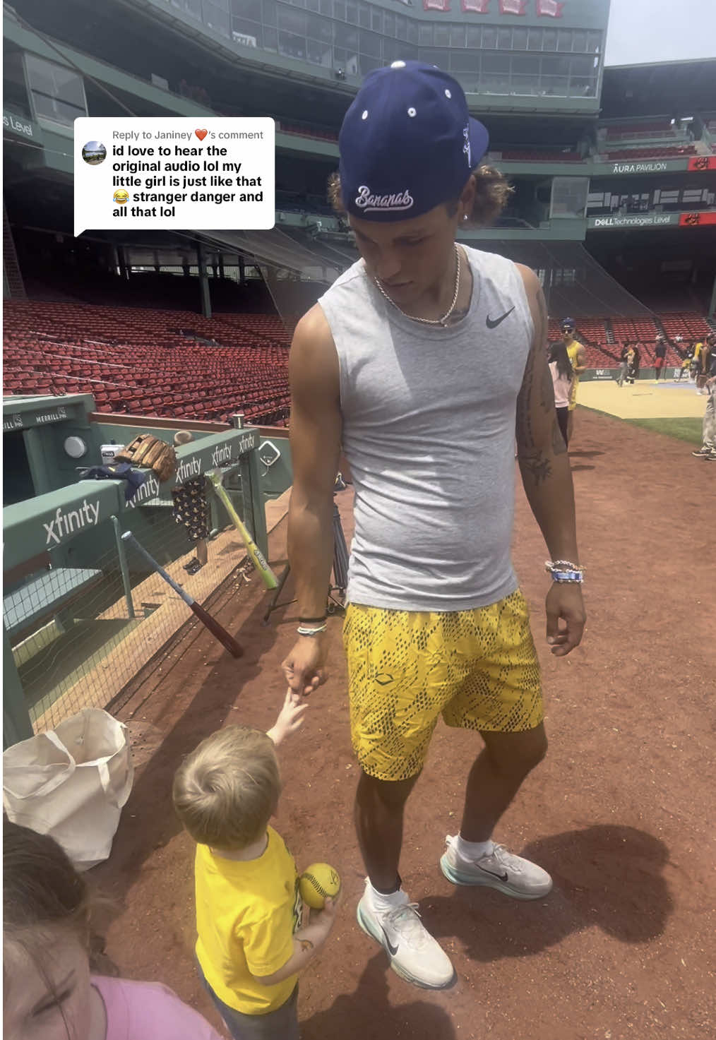 Replying to @Janiney ❤️ here’s the originals so you can hear the interactions. All the guys were so incredibly kind, patient and generous with their time 🍌🥎 @Kyle “KJ” Jackson @Eric Jones @Dancing Umpire Vincent Chapman @thesavbananas @Banana Ball   #savannahbananas #kj #fenwaypark #bananaball 