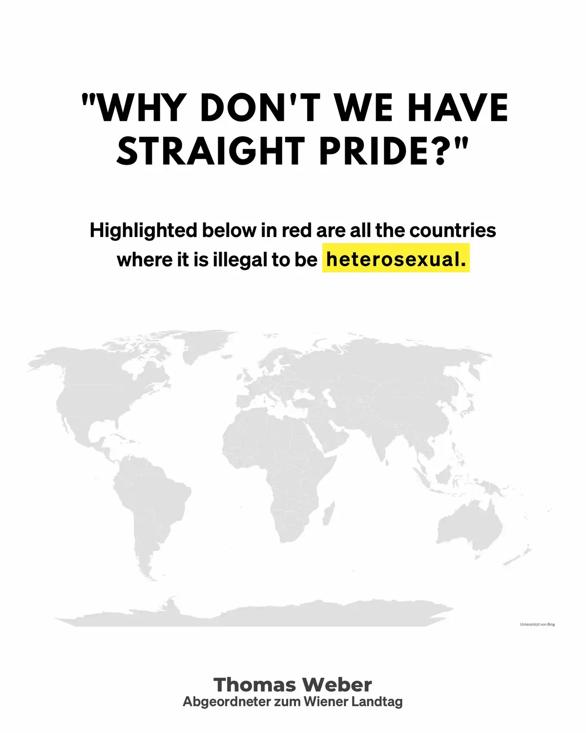 In keinem Land der Welt ist Heterosexualität verboten. 🚨 Anders sieht es für queere Menschen aus: 👉 In 64 Ländern ist Homosexualität strafbar. ❗️In 12 davon droht sogar die Todesstrafe. 🌈 Solange Liebe ein Risiko ist, braucht es Pride. 🔁 Teile diesen Beitrag, wenn du das auch so siehst. @Thomas Weber @NEOS Wien  #Pride 