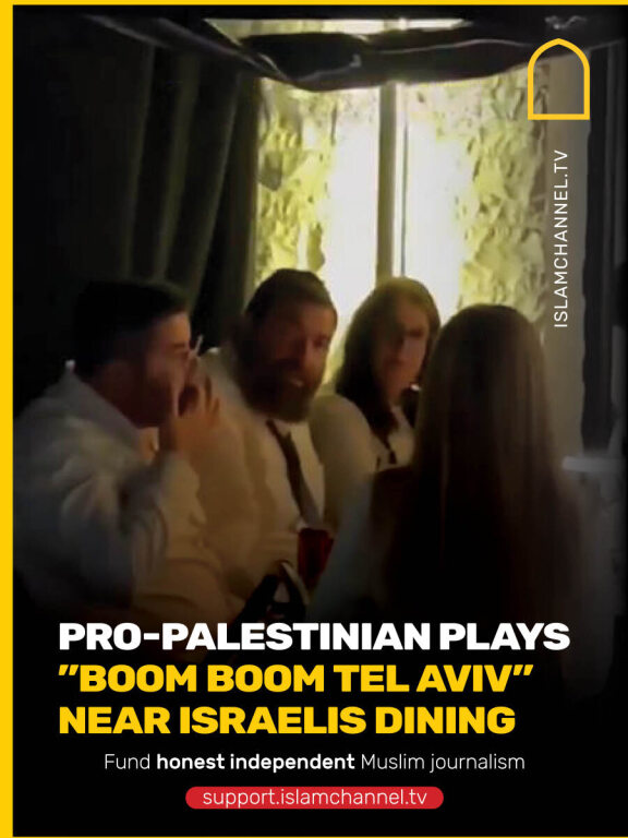 A pro-Palestinian boldly played the controversial song “Boom Boom Tel Aviv” near Israeli diners at a restaurant in Los Angeles, sparking tension during their meal.   Fund honest independent Muslim journalism: https://support.islamchannel.tv