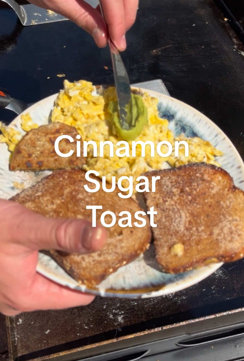 Anyone else make Cinnamon Sugar Toast as a kid all the time or just me? *Eggs *Swiss Cheese *Chicken Sausage *@Dave’s Killer Bread  *Cinnamon Sugar *Pure Irish Butter *Guac *@MaD Seasoning  #blackstone #blackstonegriddle #griddle #flattop #breakfast #cinnamonsugartoast #breakfastideas #sizzle #blackstonebreakfastideas 