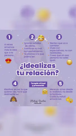 ¿𝐈𝐃𝐄𝐀𝐋𝐈𝐙𝐀𝐒 𝐓𝐔 𝐑𝐄𝐋𝐀𝐂𝐈𝐎́𝐍?🫶 Idealizar es ver lo que quieres, no lo que realmente es.  Mereces amar desde la realidad, no desde la fantasía.  📍Si necesitas ayuda acude a terapia, brindamos sesiones presenciales y online. Para más información👇  𝐂𝐎𝐍𝐒𝐔𝐋𝐓𝐀𝐒 𝐘 𝐑𝐄𝐒𝐄𝐑𝐕𝐀𝐒 https://bit.ly/MELANY_PSICOLOGA Agenda tu primera sesión hoy mismo y empieza el camino hacia una vida más equilibrada y plena. #Psicoeducacio ́n #saludybienestar #Autocuidado #trastornosmentales #CuidadoEmocional #bienestarmental #bienestaremocionalymental #saludmental #terapia #terapiaonline #psicologiaclinica #PSICOLOGIA #psicologa #psicologiaonline #psicologapresencial 