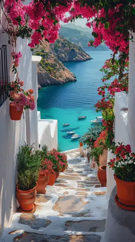 ✨ POV: You just found paradise in Greece 🌸🇬🇷 Crystal waters, flower-filled steps, and summer dreams come true 💙 #BucketList  #TravelGoals  #GreeceVibes  #SummerInspo  #Santorini 