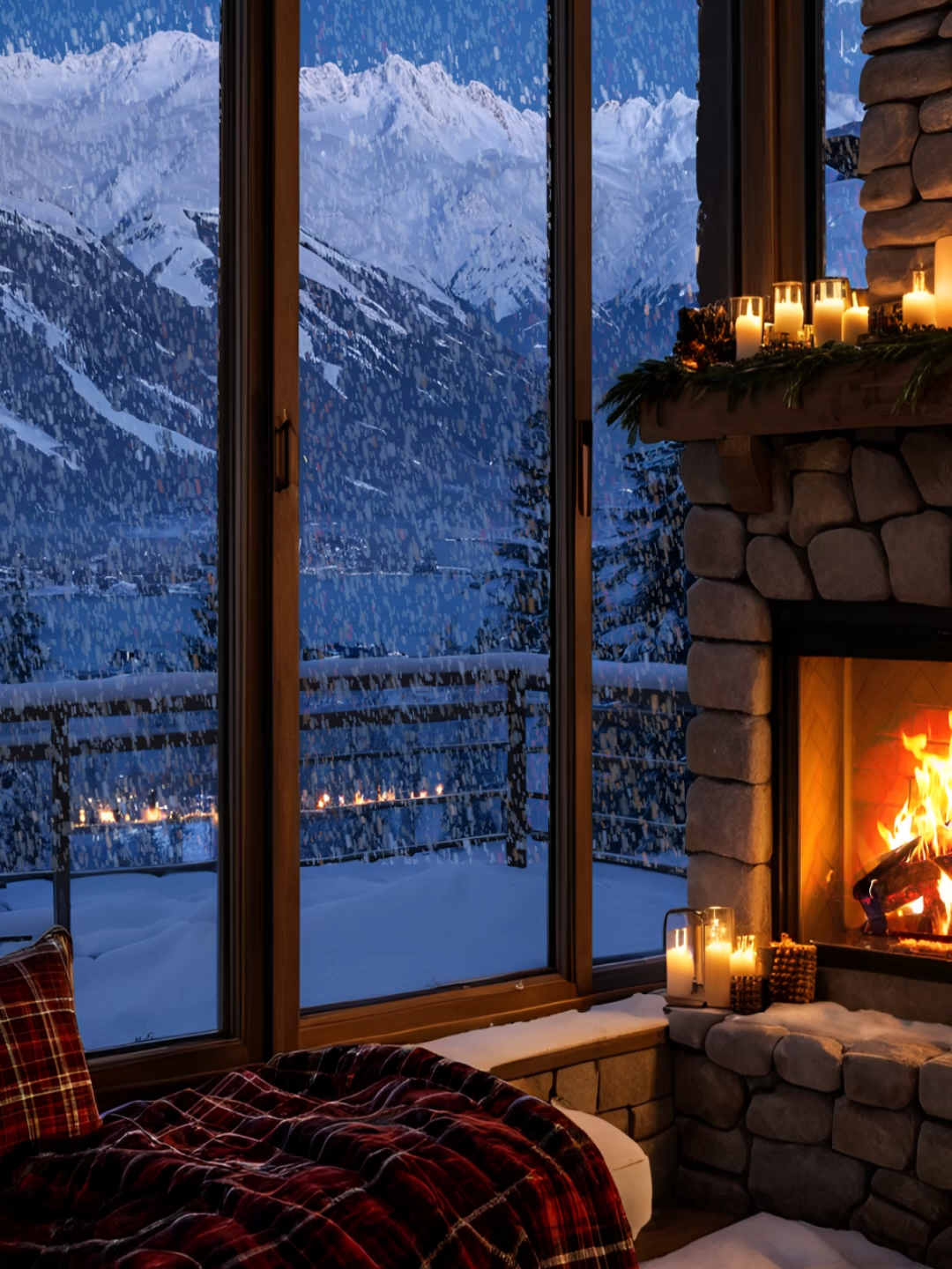 This video is a photograph capturing a cozy, rustic living room bathed in the warm glow of a lit fireplace. The focal point of the image is a stone fireplace with a neatly arranged stack of logs, emitting a soft, inviting light. Above the fireplace, a green garland is draped, adding a touch of natural decor. The mantel is adorned with small, glowing candles that cast a gentle light, enhancing the room's warmth and comfort. To the left of the fireplace, there is a plush, white sofa draped with a red and black plaid blanket, suggesting a sense of comfort and relaxation. The sofa is positioned in front of large floor-to-ceiling windows, which offer a breathtaking view of snow-capped mountains under a clear, twilight sky. The mountains are illuminated by the soft light of the setting sun, their peaks sharply defined against the deep blue of the evening sky. In the background, the room extends to a balcony or deck that overlooks the serene, snow-covered landscape. The balcony is equipped with a wooden railing, and the snow-covered ground below is dotted with evergreen trees, adding to the wintry ambiance. The overall color palette of the image includes warm, earthy tones from the stone fireplace and cozy furniture, contrasting with the cool, tranquil blues of the twilight sky and snow. The textures range from the rough, natural stone of the fireplace to the soft, plush fabric of the sofa and the smooth, clear glass of the windows. #fireplacesounds #snowfall #snow #sleep #sleepmusic #snowstorm #relaxingsounds #snowynight #cozyambience #warmlighting #sleepambience #fireplacevibes #cozynights #snowyescape #cozybedroom #relaxationmode #tiktokwinter #fyp #cabininthewoods #snowcoveredtrees