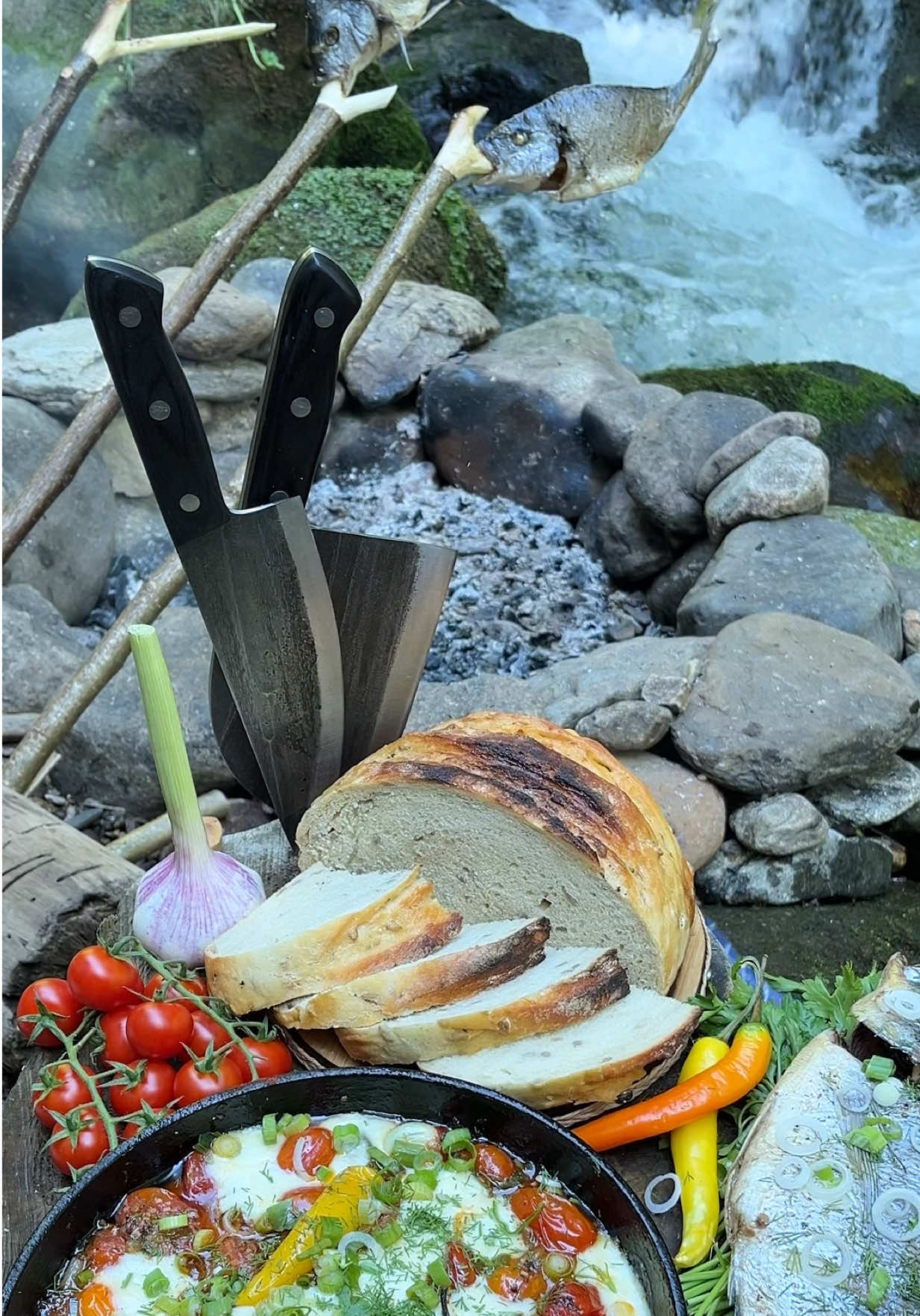 Fish & Fresh Bread by the River 😍🔥 #fish #fishing #outdoorcooking #asmrcooking #survival  