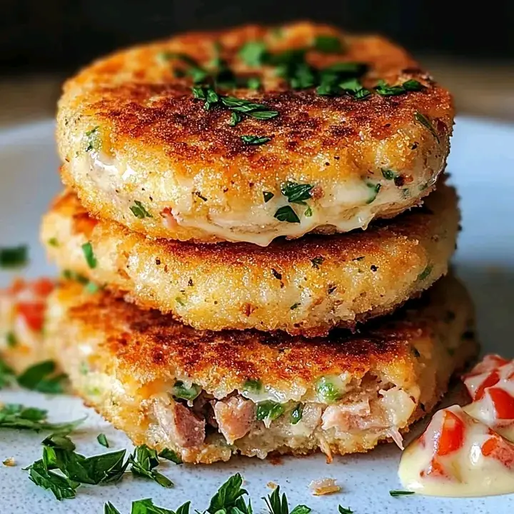 ##tunafishcake##Crispy Tuna Melt Patties with Creamy Cheese & Herbs Ingredients: 2 cans tuna in water, drained 1/2 cup breadcrumbs 1/4 cup mayonnaise 1/2 cup shredded cheddar cheese 2 tablespoons chopped fresh parsley 1 tablespoon Dijon mustard 1 large egg 2 tablespoons chopped red onion 1/4 teaspoon garlic powder Salt and pepper to taste
