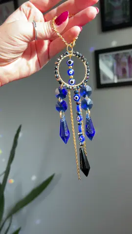 I made this for my best friend who got into a bad car accident. I wanted to make a car charm that brought protection to her 🧿✨🧿 she loved it!  I think I’m going to add this design to my shop to bring people protection on the road 🔐💙 #evileyeprotection #carcharm #evileye #carcharmsoftiktok #carcharms #suncatchers 