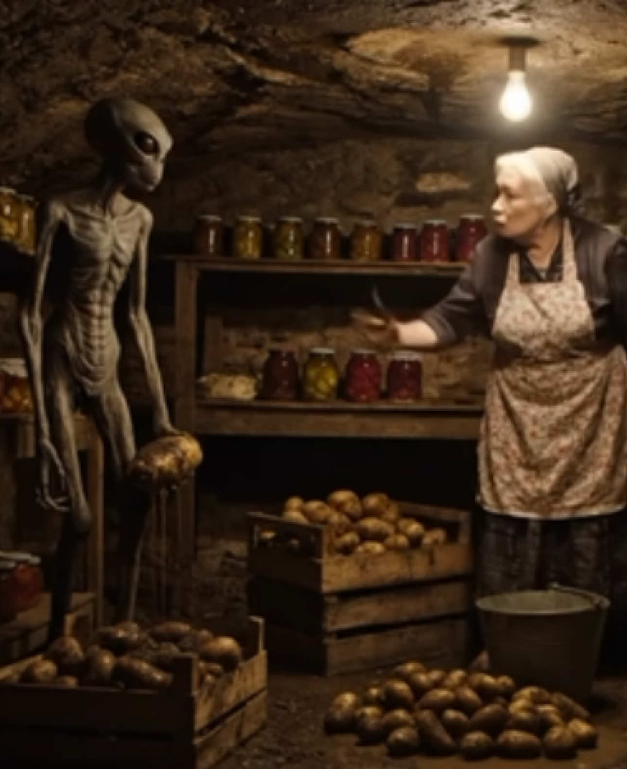Картошку в подвале🥰 🥔 👽#ии #вео#вео3#бабка#дед#инопланетянин#мем#село#жиза#veo#veo3#ai#google#mem 
