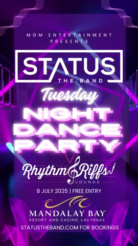 TONIGHT!!! (7/8) Join us as we hit the stage for another STATUS Dance Party at Rythm & Riffs inside @Mandalay Bay Resort & Casino 10pm - 2am.  No cover, no worries, just good vibes! - #statustheband #newschoolcoverband #clubband #partyband #danceband #corporateband  #concertband #loungekillers #top40 #coverband #livemusic #liveband #viral #eventenertainment #evententertainers #corporateentertaiment #nocheese just #onebadassband #lasvegas #lasvegasband #lasvegasentertainment #lasvegasnightlife #rythmandriffs #mgmresorts #mgmentertainment #statusthebandvegas #danceparty 