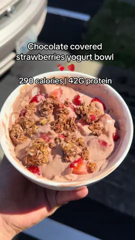 Chocolate covered strawberry bowl  1 serving Greek yogurt 1 serving @ehplabs chocolate protein powder  5 strawberries 🍓  Half serving of love crunch dark chocolate strawberry granola  #fyp #yogurtbowl 
