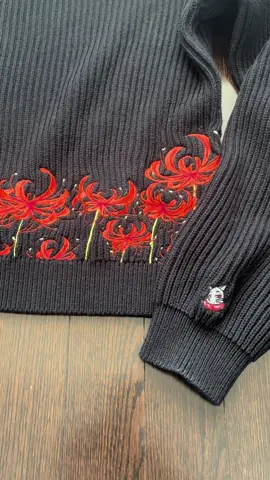 Redefine the clothes you wear, instead of letting clothes define you. “REDEFINED” KNIT - A spider lily embroidered knit meant to redefine anime clothing, knitwear, embroidery, and quality. #fashion #anime #tokyoghoul #knitwear #spiderlily #clothingbrand #embroidery #OOTD 
