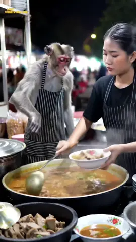 Monyet juru masak andalan! 🍜 Dengan serius ia membantu menyajikan semangkuk sup hangat di tengah hiruk pikuk pasar malam. Siapa sangka dapur bisa jadi panggung aksi seru seperti ini? #MonyetMasak #StreetFoodUnik #KulinerLucu #ChefMonyet #DapurHiburan #PasarMalam #KulinerViral #MonyetPintar #FoodieIndonesia #AksiLucu #fyp♥️♥️♥️ 