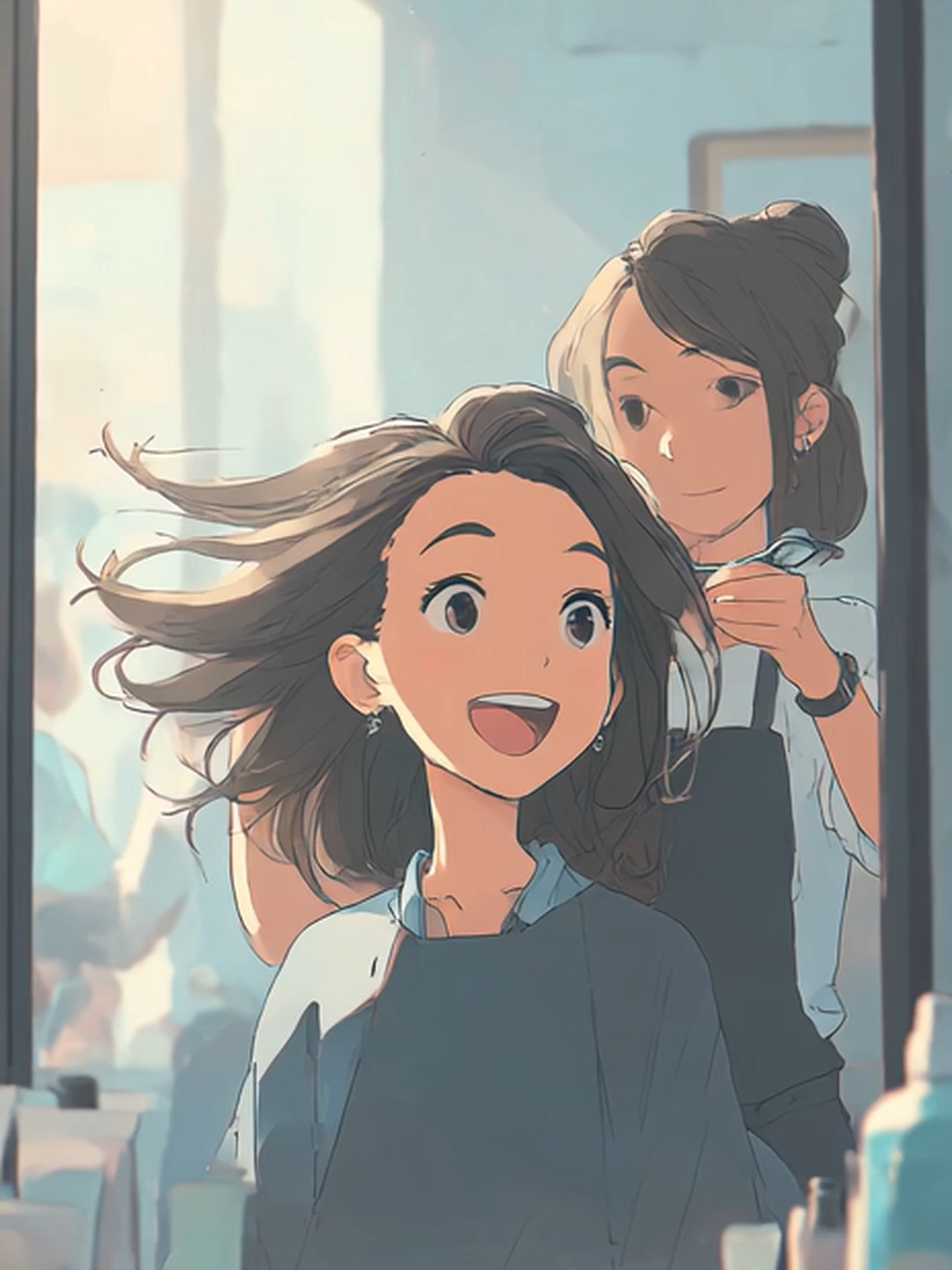 Anime style scene of a young girl getting her hair cut in a Thai hair salon. Reflection in the mirror, hair is blown away, the hairdresser is cheerful. #AnimeLife #SliceOfLife #อนิเมะไทย #อนิเมะตลก #ชีวิตประจำวัน #AnimeShorts #AnimeSkits #VoiceActing #DailyAnime #มังงะ #FunnyAnime #RelatableAnime #AnimeVibes #เรื่องฮาๆ #ตื่นเช้า #ไปตัดผม