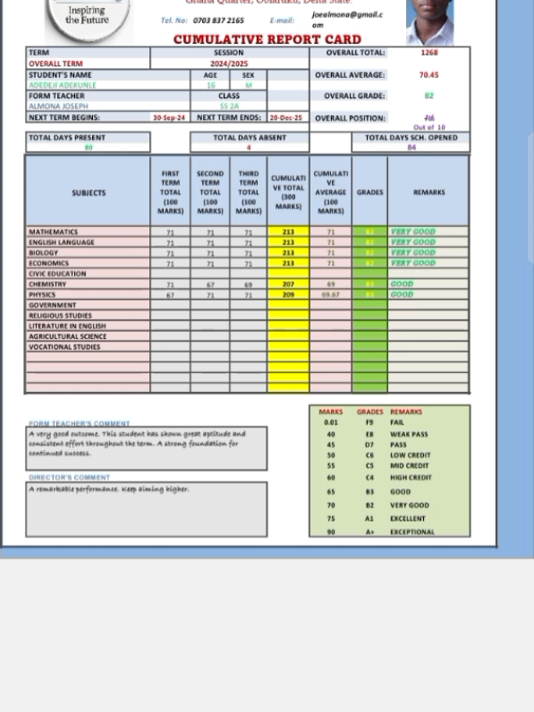 School Result Generator and Database software. Features of the software include: ✓ 100% working on Smartphones and PCs. ✓ Standard termly class register. ✓ Stylish Reports featuring students pictures. ✓ Automated comments on reports for Class teachers and School heads based on Overall grades. ✓ Termly result broadsheet. ✓ Cumulative report for session. ✓ e.t.c