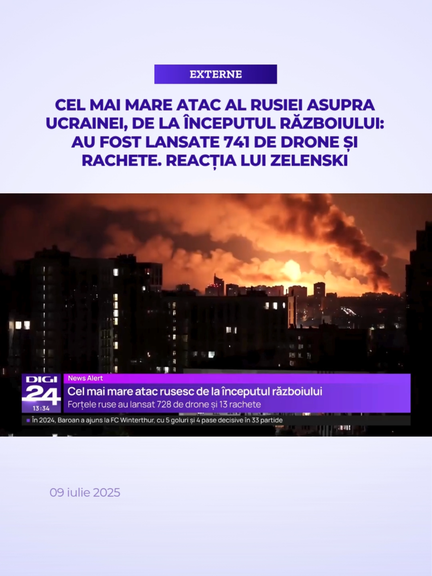 Președintele ucrainean Volodimir Zelenski a acuzat miercuri atacul masiv lansat de Rusia asupra Ucrainei, în noaptea de marți spre miercuri, cel mai mare astfel de atac de la începutul războiului, în care au fost folosite 741 de drone şi rachete, informează EFE, preluată de Agerpres. #digi24 #stiriledigi24 #rusia #ucraina #atac