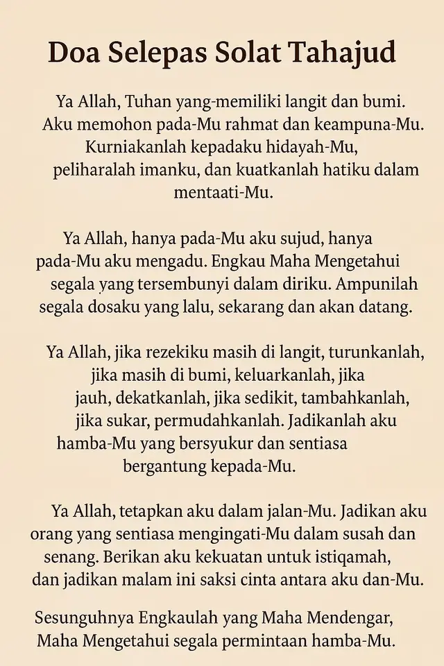 “Bangun sepertiga malam, sunyi yang paling indah… Di saat orang lain lena, kau pilih sujud. Doa Tahajud bukan sekadar lafaz, tapi rintihan hati yang yakin Allah Maha Mendengar. Jom hidupkan malam dengan cinta kepada-Nya. 💫 #DoaTahajud #BangunMalam #Istiqamah #SolatSunat #CintaAllah 