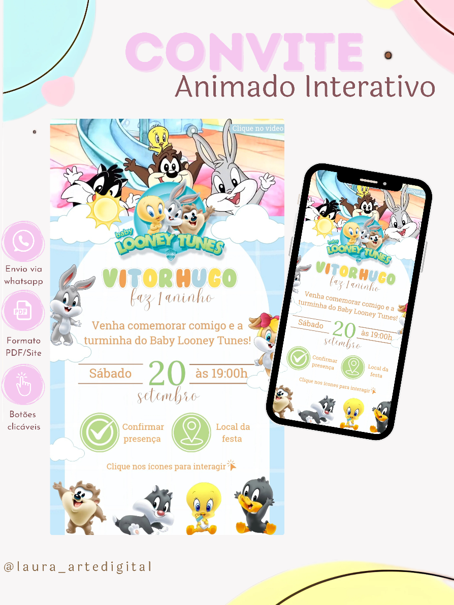 Convite Animado Interativo - Tema: Baby Looney Tunes  Convite com video/cena do tema, com botões clicaveis de localização e confirmação de presença, podendo colocar tambem página de sugestões de presentes. Se interessou? entre em contato comigo para mais informações 21 973745354  #fyyy #convitedigital #conviteinterativo #conviteonline #convitetradicional #conviteanimado #conviteinfantil  #aniversário #aniversarioinfantil  #canva #convitecanva  #babylooneytunes      #convitebabylooneytunes  #festababylooneytunes  #comofazerconvitevirtual  #festa1ano  #creatorsearchinsights 
