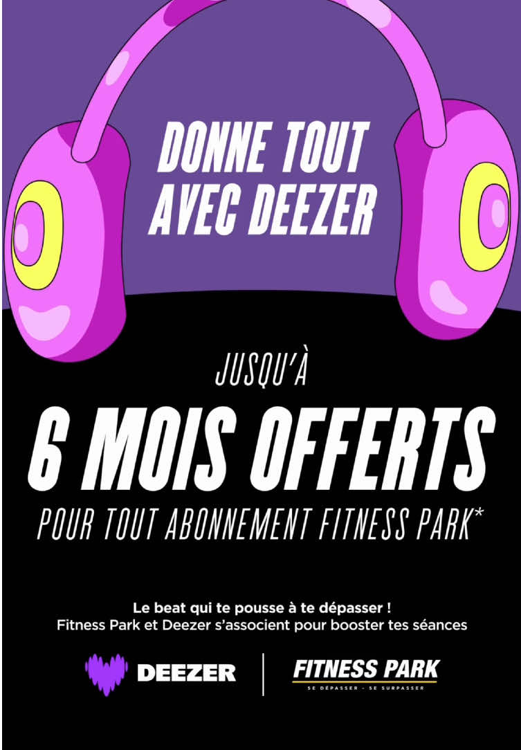 🎧 Le son booste tes perfs… nous, on booste ton abonnement ! Tu t’abonnes ou tu te réengages ? On t’offre jusqu’à 6 mois de Deezer Premium 🎶 👉 Classic ou Accès+ = 3 mois offerts 👉 Ultimate = 6 mois offerts Et même les adhérents actuels peuvent en profiter en changeant de formule ! Passe à l’accueil de ton club Fitness Park Barjouville 📍 #DeezerOffert #FitnessPark #FitnessParkBarjouville #Ultimate #AccesPlus #Classic #AbonnementFitness #Musculation #CardioTraining #SportAvecMusique #BoostTesPerfs #TikTokFitness #TeamFitnessPark #Barjouville #Chartres