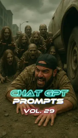 Chatgpt Prompts vol. 29🧟 Una fotografía hiperrealista de un hombre con barba y piel clara, que lleva una gorra negra puesta al revés y una camisa de franela marrón de cuadros, arrastrándose desesperado por el suelo debajo de un vehículo oxidado en una calle urbana post-apocalíptica. Su rostro muestra miedo intenso y determinación mientras intenta escapar. Detrás de él, una gran horda de zombis terroríficos con piel en descomposición, ojos huecos y ropa desgarrada (hombres y mujeres) extienden los brazos para atraparlo. El ambiente es oscuro y ominoso, con un cielo tormentoso cubierto de nubes, edificios en ruinas, pavimento roto y una atmósfera cinematográfica dramática. Relación de aspecto 9:16. #terror #horrorstory #zombie #apocalypse #prompts #chatgpt #twd 