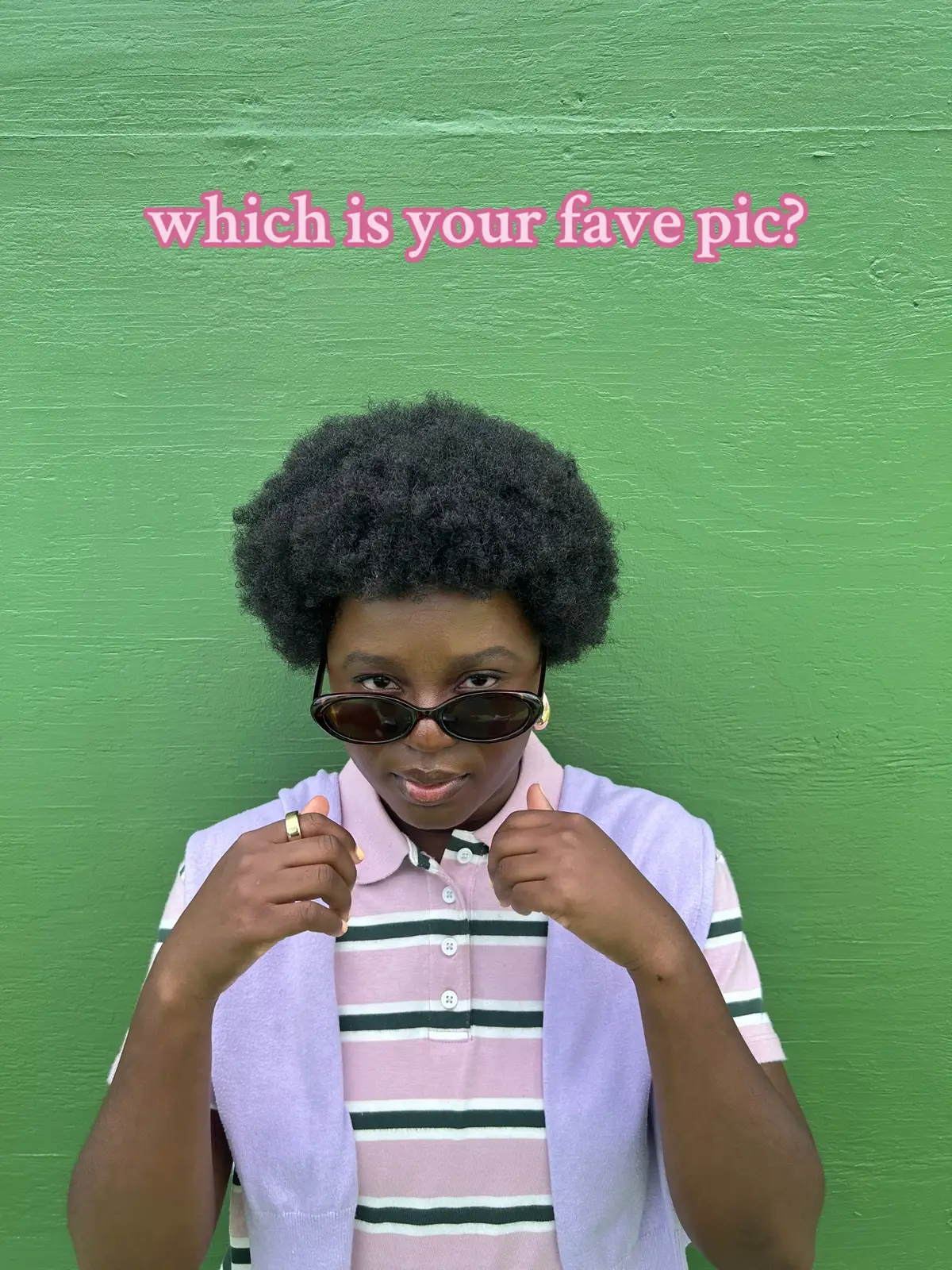 sunglasses, off guard, or typical. my phone overheated taking these pics😭 • • - striped pink and green polo @Levi’s  - purple cardigan @Old Navy Official  - oval sunglasses @Amazon Fashion  • • #blackgirltok #fashiontiktok #sportychic #preppyaesthetic 
