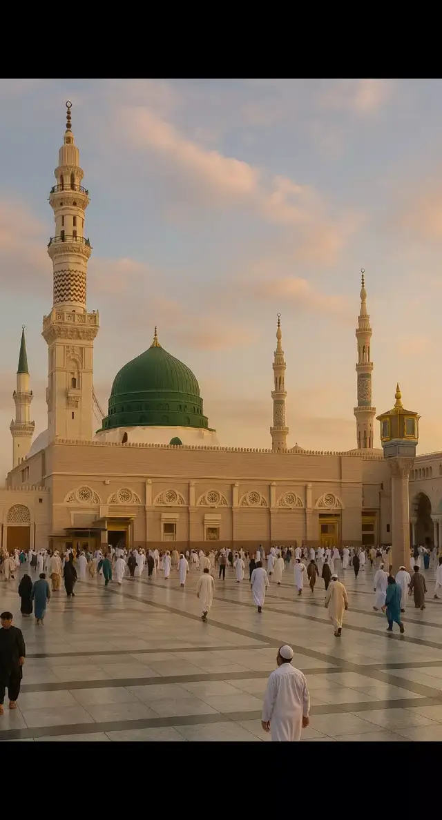 This image beautifully captures Masjid al-Nabawi (The Prophet's Mosque) in Madina during the golden hour. The majestic green dome marks the resting place of Prophet Muhammad ﷺ, surrounded by elegant minarets rising into a pastel sky. The courtyard is filled with worshippers walking across polished marble tiles, creating a serene and spiritual atmosphere. The warm light enhances the intricate architecture, highlighting the mosque's historical and religious significance.