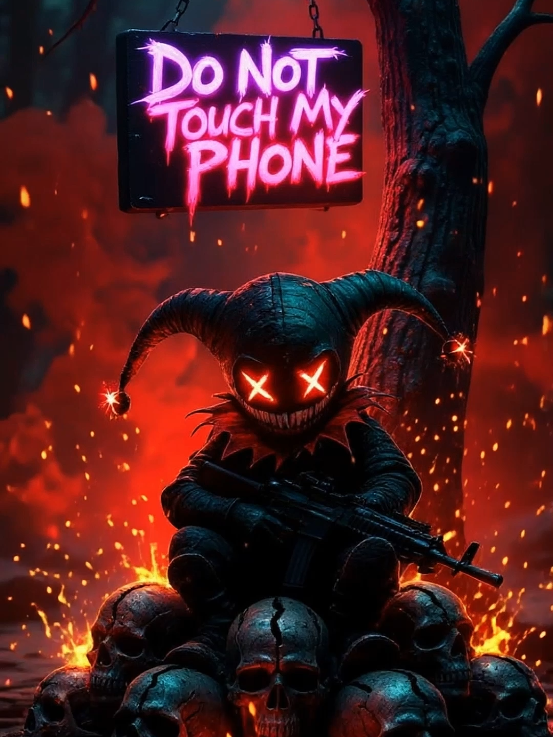 Live Wallpaper | Do Not Touch My Phone #donttouchmyphone #livewallpaper #lockscreen #creepyvibes #eviljester #sinisterart #phonewallpaper #horrorvibes #darkfantasy #aivideo #skulls