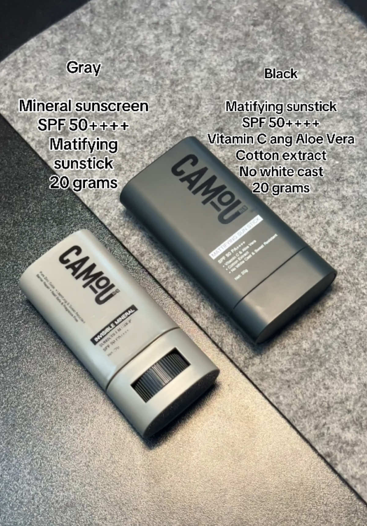 Sino bias mo sa dalawang trending na Sunstick ng camou? #sunscreen #sunstick #matifyingsunstick #mineralsunscreen #sunscreenformen #mensunscreen #men #skincareproductsformen #menskincare #skincareroutine #camousunstick 