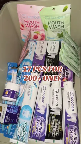 17 pcs for 200+ nalang! Bihira lang ang pa bundle na ganito kaya sulit sulitin na! #scoban #toothpaste #toothbrush #mouthwash #whiteningpowder #bundles #set #makeitviral #creatorsearchinsights #fyp 