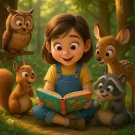 A girl reading book with his animal friends in forest#ai #tiktokviralvideo #cartoon #childrenstories #viralvideo #3danimation #shortstories #disney #fyp 
