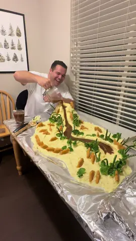 Welcome to mashed potato Jurassic Park!  #fyp #foryoupage #jurassicpark #mashedpotatoes #mashedpotatovolcano #volcano #playwithyourfood 