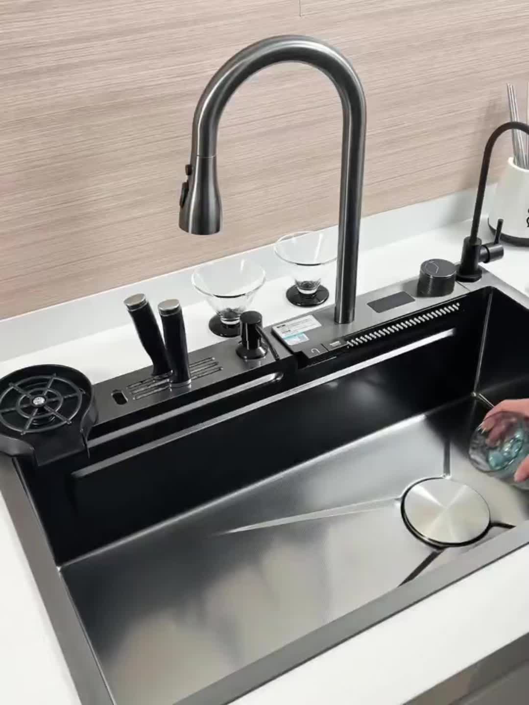 Kitchen sink stainless steel 304 waterfall integrated digital display waterfall water flow5mm thickness, tempered glass control panel, with ambient light and temperature display, double waterfall water flow faucet lavabo complete set 