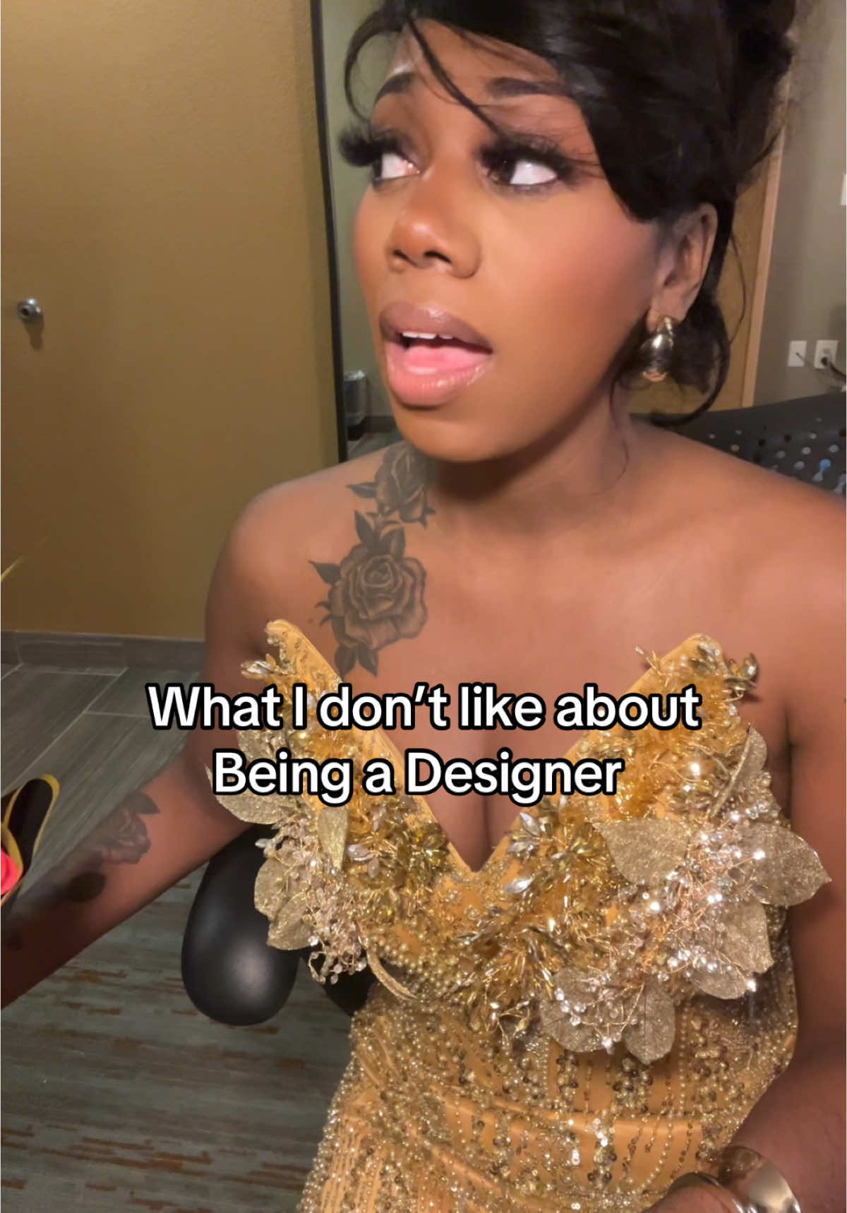 3 things I don’t like about being a designer #fashiondesigner #poptheballoon #goldDress #ruffledress #porshiacollection 