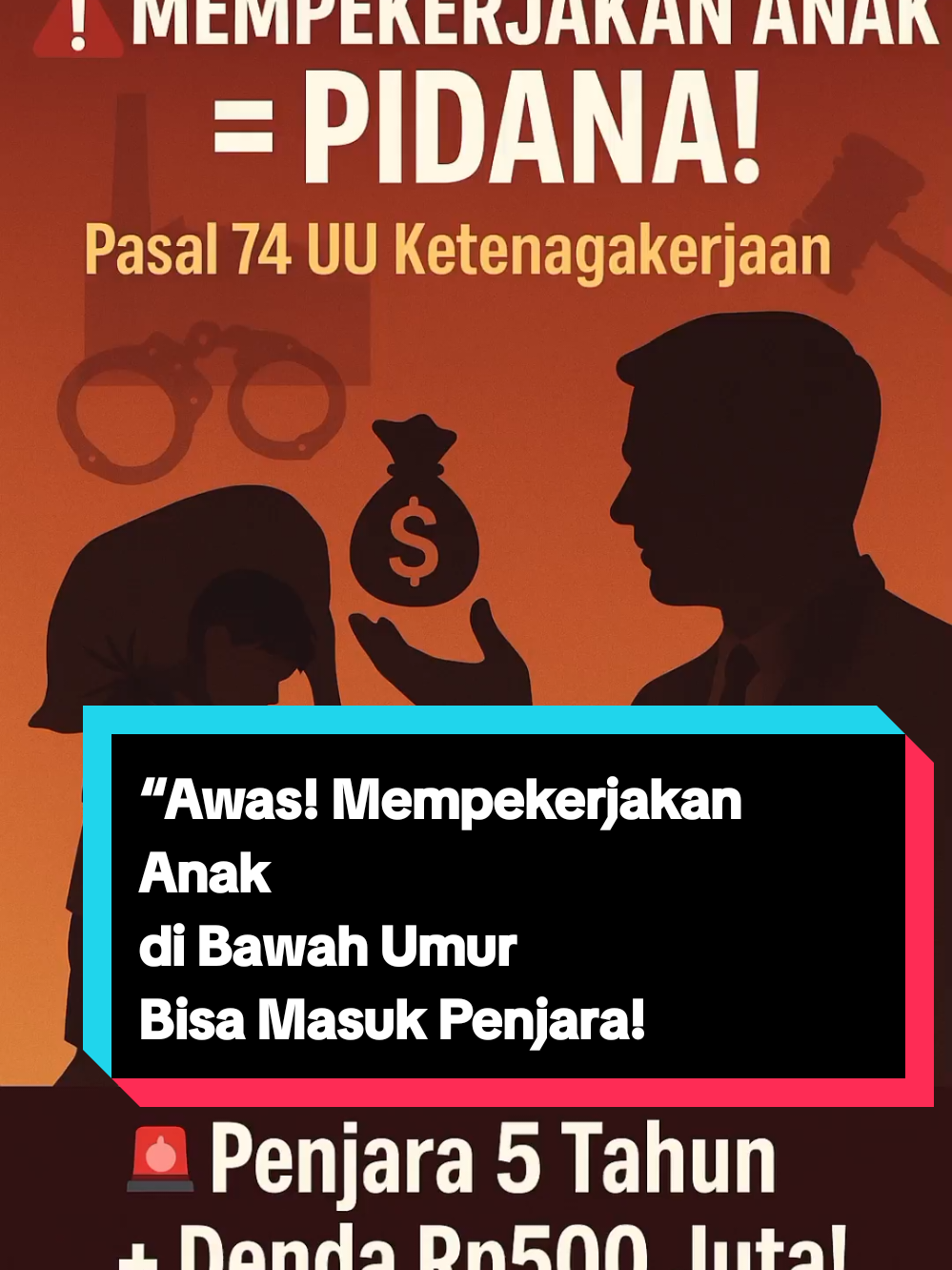 ❓Bolehkah mempekerjakan anak di Indonesia? Jawabannya: Boleh, tapi ADA ATURANNYA! Anak boleh bekerja di usia 15 tahun ke atas, untuk pekerjaan ringan, tidak berbahaya, dan tidak mengganggu sekolah. Misalnya: bantu usaha keluarga, kerja seni, atau jadi model anak. 🛑 Tapi hati-hati! Kalau sampai anak dipaksa kerja di pabrik atau malam hari, itu bisa masuk pidana lho! #HukumKetenagakerjaan   #PekerjaAnak   #AnakDiBawahUmur   #UUKetenagakerjaan   #HukumIndonesia   #EdukasiHukum   #MuktiWibowoSH   #VlogHukum   #LegalAtauIlegal   #FYP