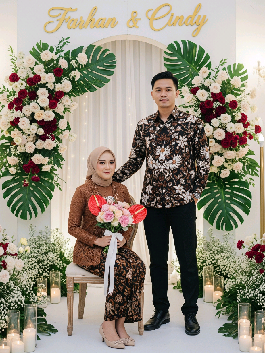 yess tunangan!!😜 prompt👇 /image A formal engagement photo of a couple in traditional Indonesian attire, set indoors with elegant floral decoration. The woman is sitting on a wooden chair on the left, wearing a brown kebaya with traditional batik skirt (sarong style) in dark brown and black patterns. She wears a beige hijab neatly wrapped and soft natural makeup. She is holding a bouquet of assorted fresh flowers including red anthurium, pink carnations, peach and white roses, tied with a white ribbon. The man stands beside her on the right side, wearing a dark brown long-sleeved batik shirt with white and gold floral motifs, black pants, and black leather shoes. He has short black hair styled neatly, and he is standing straight with a formal posture, his right arm behind the woman. The background is a decorated ceremonial setup: two large floral arches filled with roses in cream, burgundy, and pink colors, with green leaves and monstera foliage. Above them, there is golden cursive text on the wall saying 