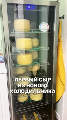 ПЕРВЫЙ СЫР ИЗ НОВОГО ХОЛОДИЛЬНИКА Более 5 лет мы делаем сыр.  Часто, когда видят, какой сыр у нас получается - говорят, что такой невозможно приготовить дома.  Однако мы готовим дома, на своей кухне, в обычной кастрюле и все это время сыр у нас созревал в обычных холодильниках. Мы адаптировали вызревание к обычным домашним условиям. И все прекрасно получалось.  Потом мы купили б/у холодильник, переделанный под вызревание сыра, но он оказался испорчен, там и температуру показывал не верно и влажности не давал и были другие проблемы, но мы продолжали в нем вызревать сыр и еще больше поняли, что сыр в любом случае получится, все процессы можно адаптировать! А сейчас уже 3 месяца у нас новый холодильник (даже климатическая камера), и первый сыр из него.  Витязь, полутвердый сыр.  4,7 кг. 3 месяца.  Вызревал в натуральной корочке. Так как он вызревал первым, то влажности было мало, и при созревании мы видим более толстую корочку. Ну за 3 месяца мы заполнили наш холодильник и теперь ждем, когда созреют наши сырочки!