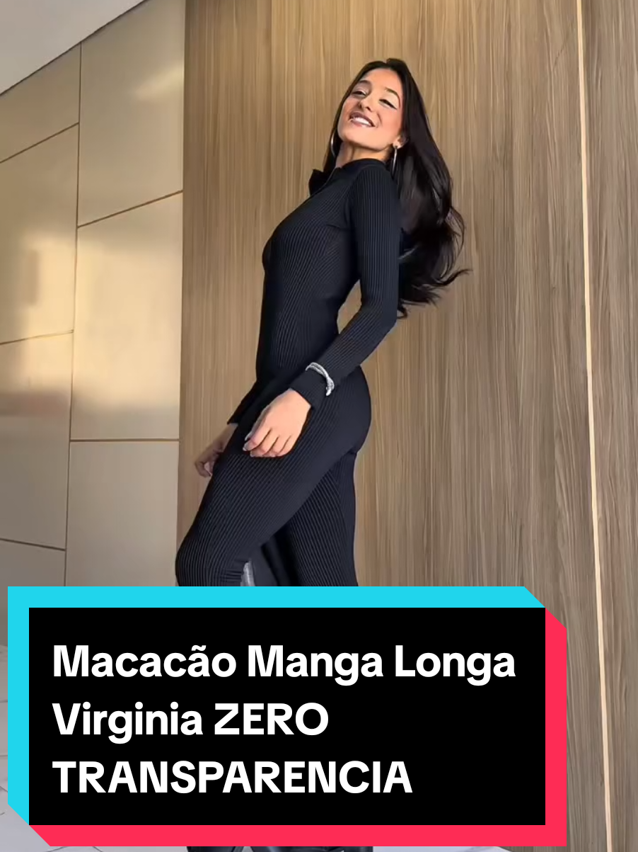 Macacão Manga Longa Virginia ZERO TRANSPARENCIA Zíper Academia Balada Festa Preto e Nude #virginia #macacaolongo #moda 