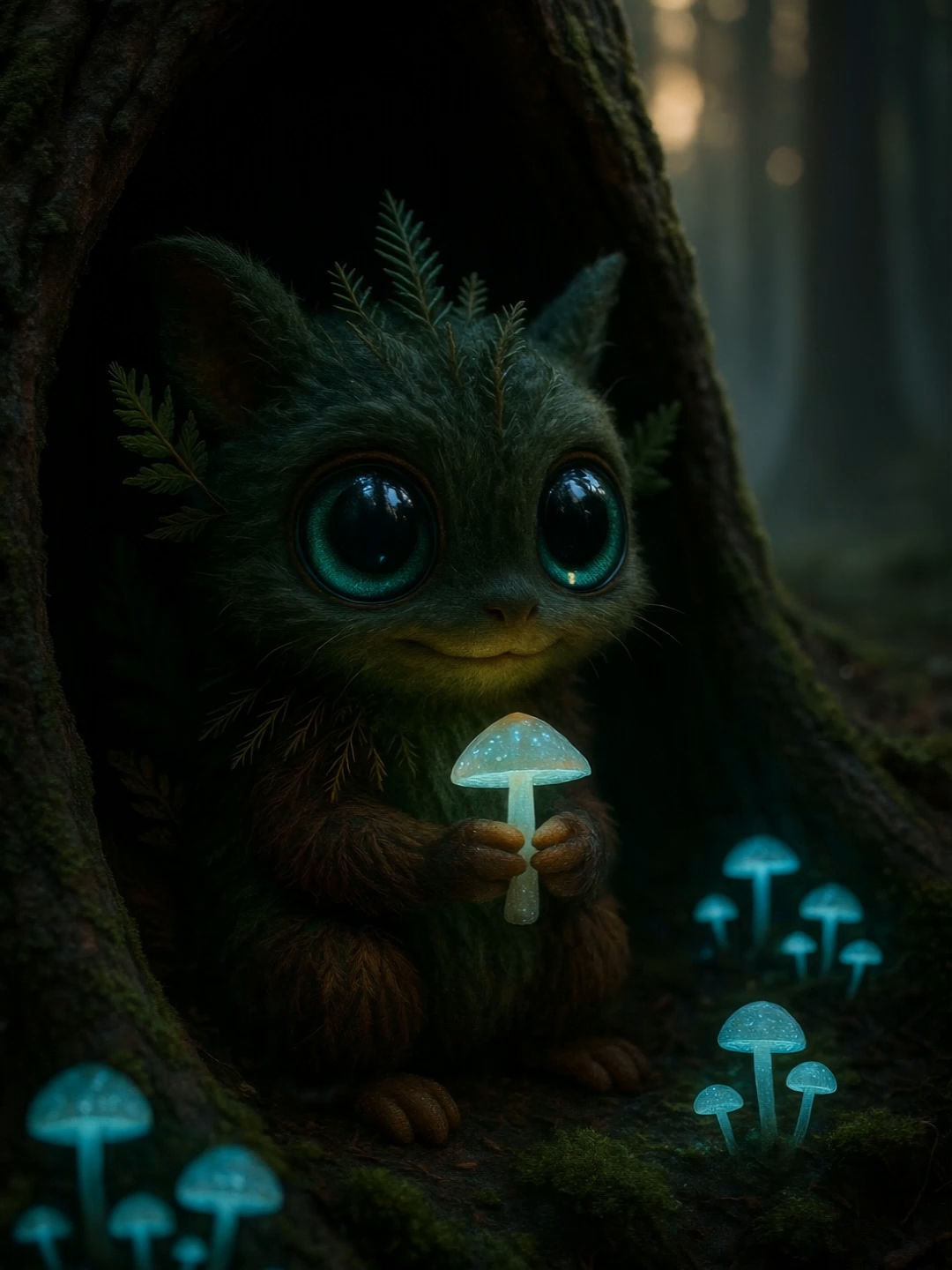 In my dark home beneath the tree,  There is no other light to see,  I touch this mushroom, just for me,  And light it up for company. #glowingmushroom #forestspirit #fantasyart #lightinthedark #bioluminescence #magicalmoment #fairycore #enchantedforest #animatedwallpaper Dans mon abri, il fait tout noir,  J'ai ce champignon, mon seul espoir,  Je le regarde et pour ce soir,  Sa lueur devient mon miroir. #féerique #mystérieux #tropmignon #beautédelanature #fondecran