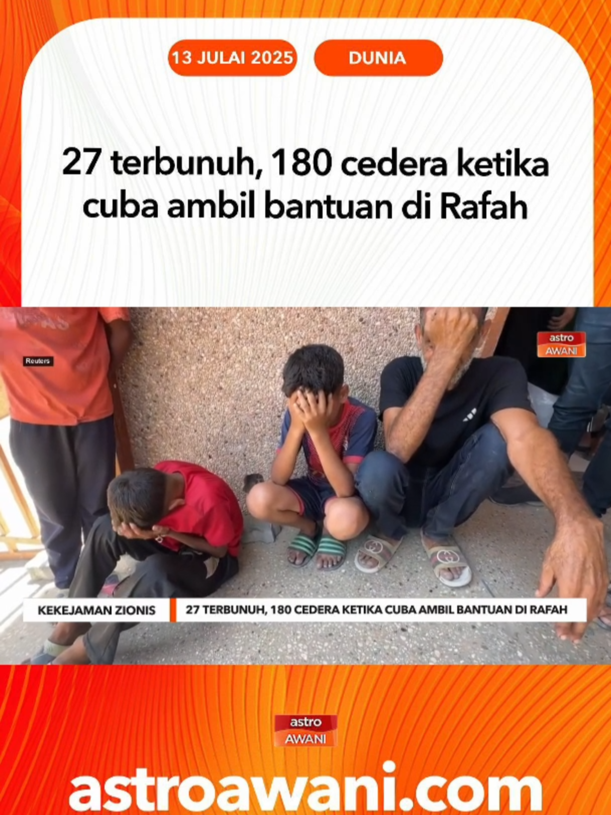 Sekurang-kurangnya 27 penduduk Palestin terbunuh manakala lebih 180 lagi cedera apabila tentera Israel melepaskan tembakan ke arah orang awam yang sedang menunggu bantuan kemanusiaan berhampiran pusat agihan bantuan Al-Shakoush di utara Rafah. #AWANInews