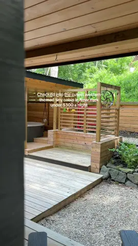 Tucked away in Chatham, NY. The Hitching Post is a western-inspired tiny home at Art Park with rustic decor, a private hot tub, a fenced yard, and vintage cowboy touches throughout. Just a short walk from Main Street and under $300/night 🤠🌵🛁✨ LOCATION/ bookings : In our bio or @artparkmicroresort !!  #getawaycar #travel #airbnb 