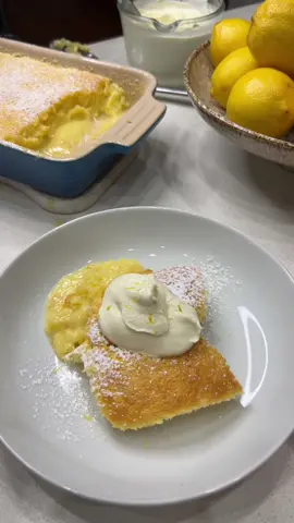 Lemon Delicious Pudding 🍋  Recipe: serves 4-6 1.5 cups Castor Sugar 150g Unsalted Butter, melted 2 tbsp Lemon Zest 1/3 cup Fresh Lemon Juice 1 cup Self Raising Flour 1.5 cups Full Cream Milk 4 Eggs, separated Serve with fresh whipped cream or icecream ✨ #lemondessert #pudding #dessertrecipe #easydessert #quickrecipe #winterfood #sweet #cravings #sponge #lemoncake #cream #desserttiktok #baking #bake #sweettooth #recipesforyou