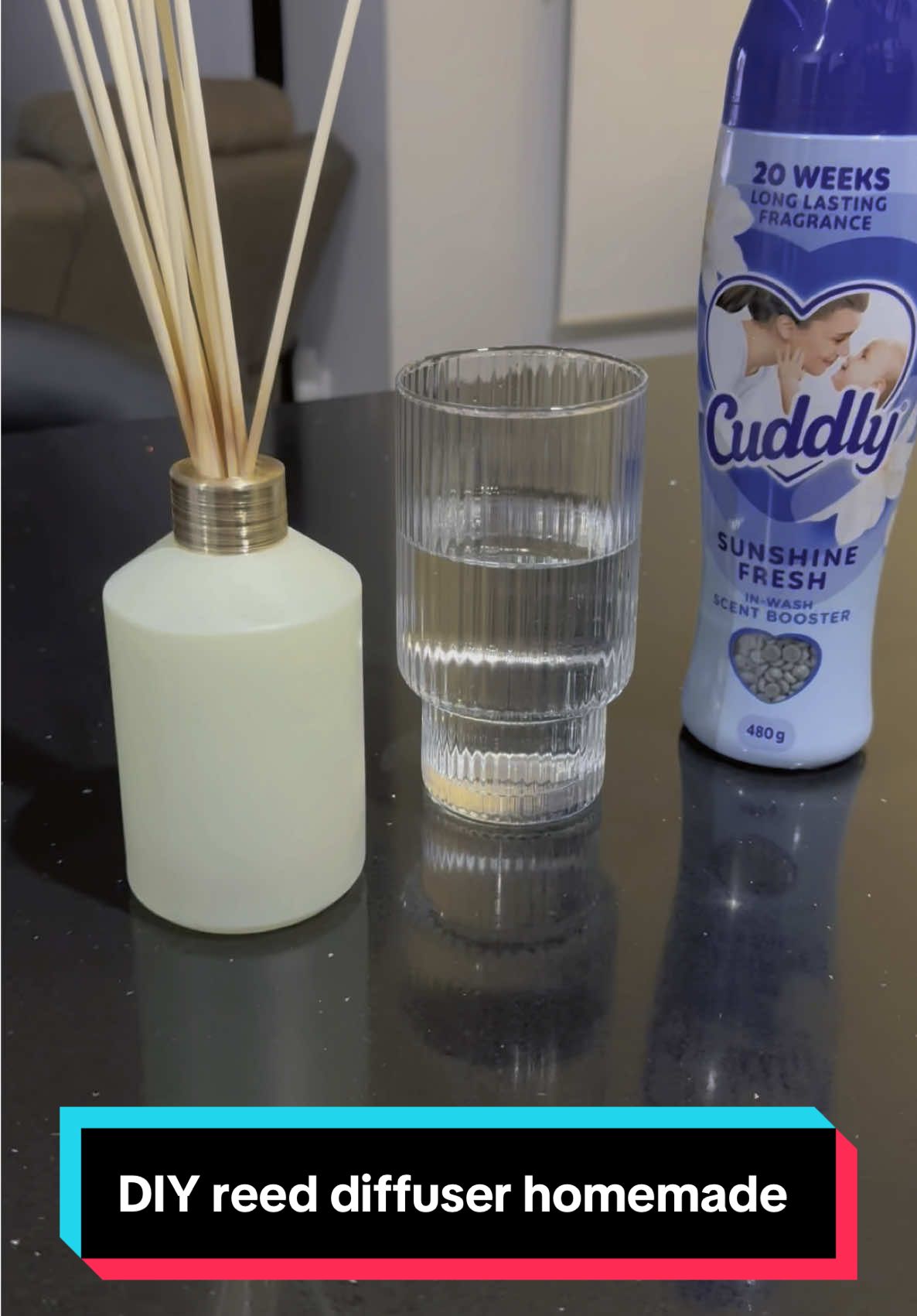 Easy DIY reed diffuser refill at home. Makes my house smell amazing. Use fabric softener of your choice (2/3 tbs). Fill empty diffuser bottle water. (Optional baby oil) #homemade #Home #DIY #fyp #satisfying 