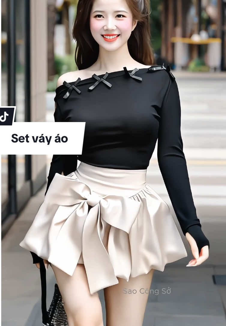 Set váy áo sang trọng cá tính gồm áo thun dài tay đính nơ phối cùng chân váy bí phồng nơ bản to (có kèm quần váy ạ) #setdoxinh #setdonu #setdodep #vayxinh #damxinh #macdepmoingay #thoitrangnu #xuhuong #saocongso 