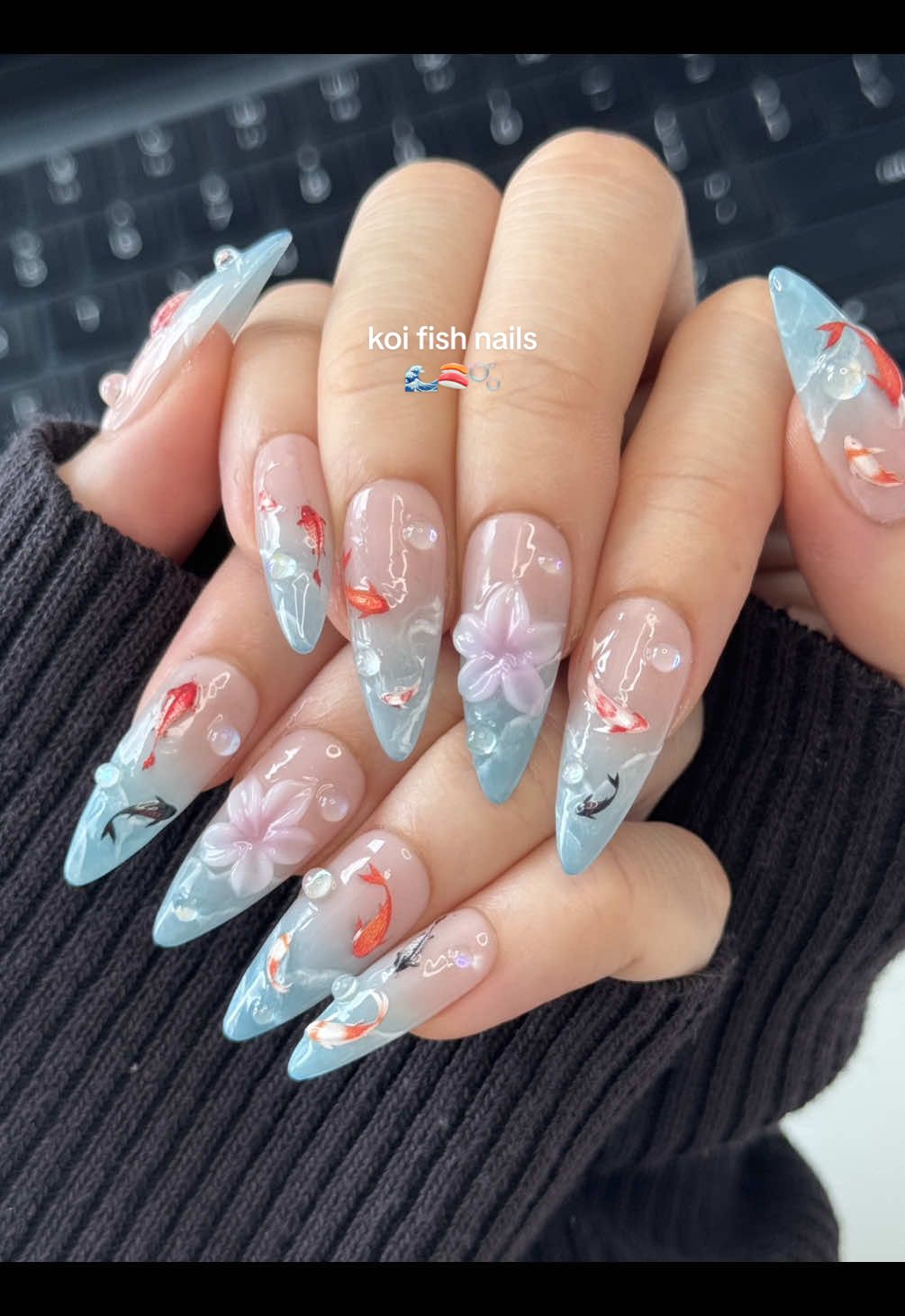 koi fish nails 🫧 everything used is on my amzn sf 🔗 inspo: @Irene Phan  —- #nailart #koifish #3dnailart #pressons #gelxnails 