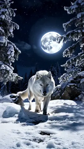 Fond d'écran épique live 8K: A colossal white wolf with alabaster fur and glowing sapphire eyes turns sharply toward the camera, its powerful claws gripping the snow-covered terrain as it strides forward with icy focus. Towering frost-laden pine trees frame the scene beneath a luminous pale blue moon, casting ethereal light that highlights the wolf’s shimmering coat and bared teeth. #wolf #white #moon #wallpaper #livewallpaper 