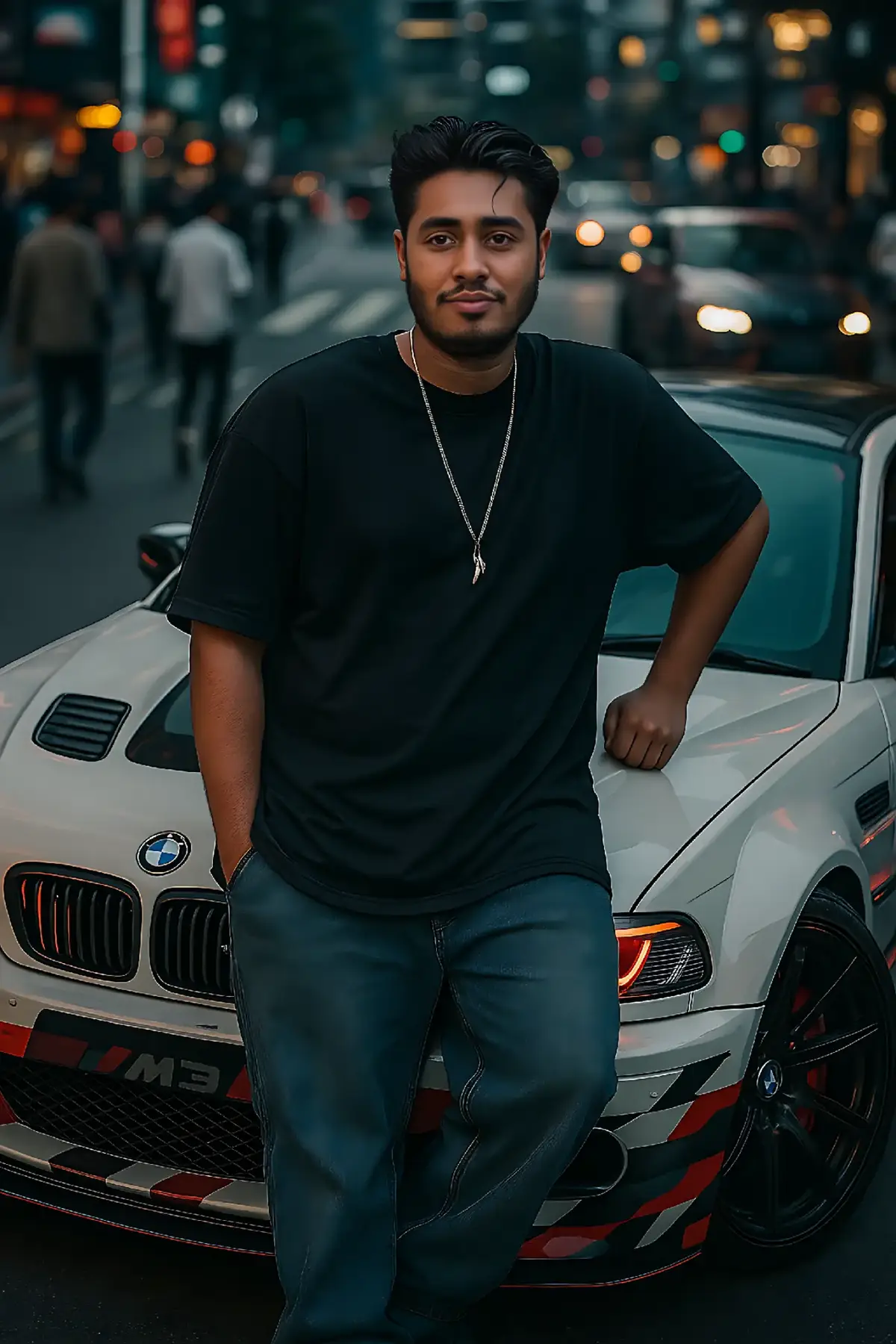 Visualise me as A young man wearing drop shoulder t-shirt and baggy jeans confidently leaning against my customised BMW E46 M3. the car is done modernly street racing aesthetic. I am in a middle of a busy phaka city road where people are rushing in motion. the style is inspired by a street racing game Need for speed Important: Do not change the face — it must be exactly the same as in the attached photo. .