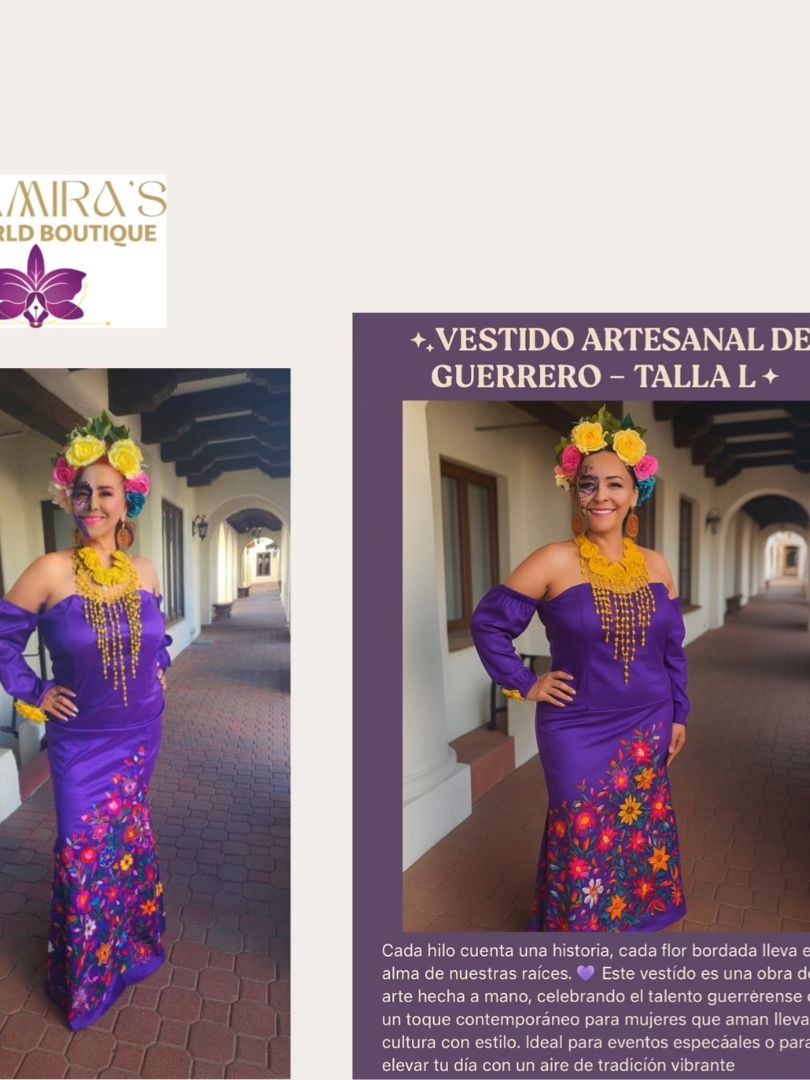 ✨ Handcrafted Guerrero Dress – Size L ✨ Each thread tells a story, each embroidered flower carries the soul of our roots. 💜 This dress is a handmade work of art, celebrating Guerrero talent with a contemporary twist for women who love to wear their culture with style. Ideal for special events or to elevate your day with a vibrant air of tradition. 📍 Available at SamiraWorldBoutique 👣 Made with love in Mexico www.samirasworldboutique