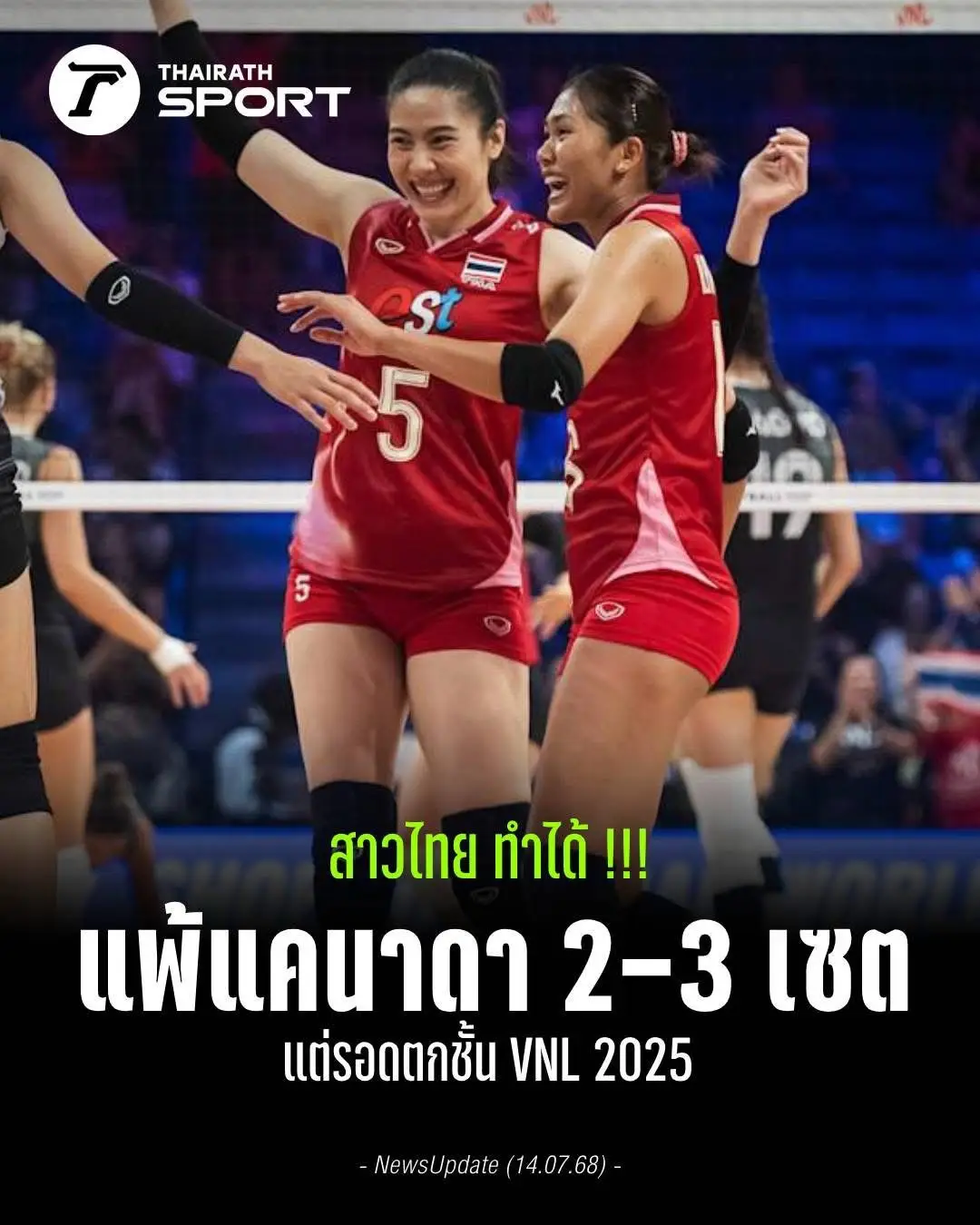 แพ้แต่รอดตกชั้น !!!! 🎉🎉🎉 วอลเลย์บอลหญิงทีมชาติไทย แพ้ แคนาดา 2-3 เซต 25-17, 23-25, 28-30, 25-23, 13-15 - แต่สองเซตที่ได้มานั้นสุดแสนจะล้ำค่า ช่วยให้พวกเธอ 