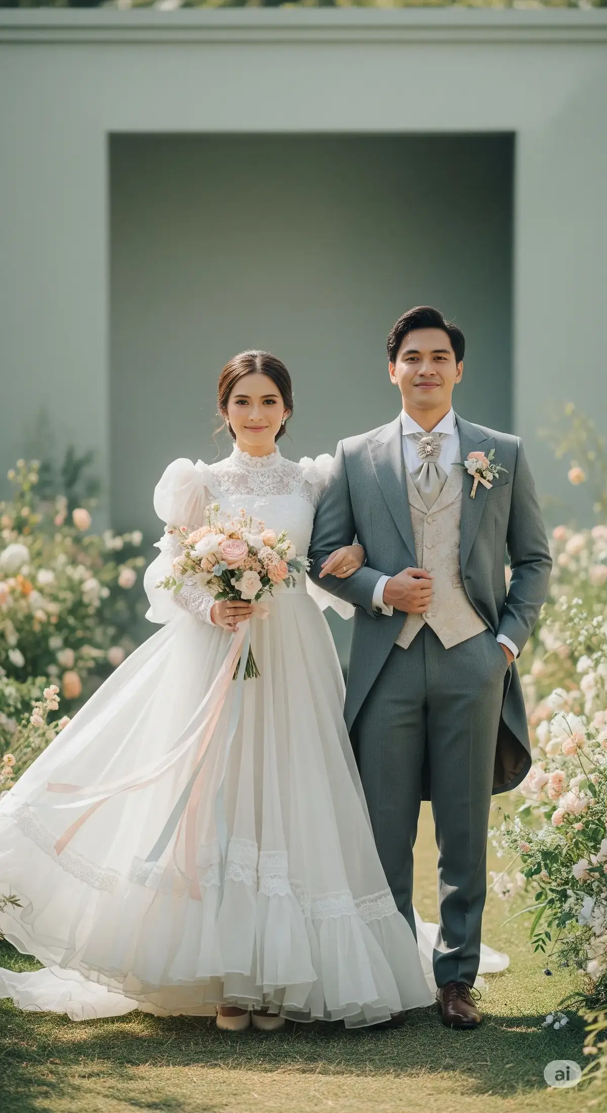 Foto pengantin pria dan wanita mengenakan busana pernikahan bergaya elegan dan romantis, dengan detail khas era Victoria seperti korset, pita, dan sentuhan vintage. Gaun pengantin wanita dibuat dari bahan ringan seperti sifon dan organza, tampak flowy dan lembut saat tertiup angin. Setting di luar ruangan dengan cahaya alami yang lembut, cocok untuk acara santai. Warna-warna pastel lembut mendominasi seperti sage green, dusty blue, dan peach blush. Pose anggun dan ekspresi bahagia, tampak penuh cinta dan elegan.