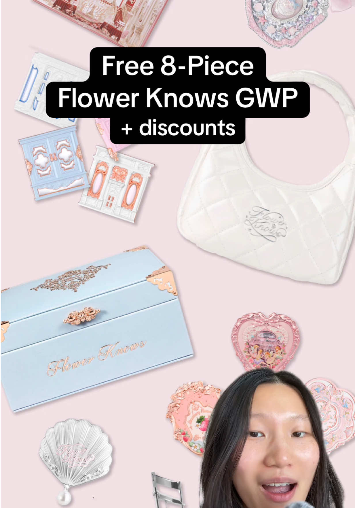 Unreal FREE 8-piece+ @Flower Knows Makeup GWPs 🌸✨💖 Plus discounts ! Includes free magnet, hand mirror, purse, keepsake box, hair clip, eyelash curler, brush, and gift box!   Their packaging is so pretty and ethereal. Absolutely love 💕     #gwp #giftwithpurchase #beauty #cbeauty #chinese #duoyin #makeup  #BeautyTok #angel #aesthetic #butterfly #strawberry #mermaid #Summer #ocean #mirror #pouch #bag #hair #grwm #howto #viral #flowers #gift #charms #keychain #spring #coquette #ethereal #pretty #pink #girl #asian 